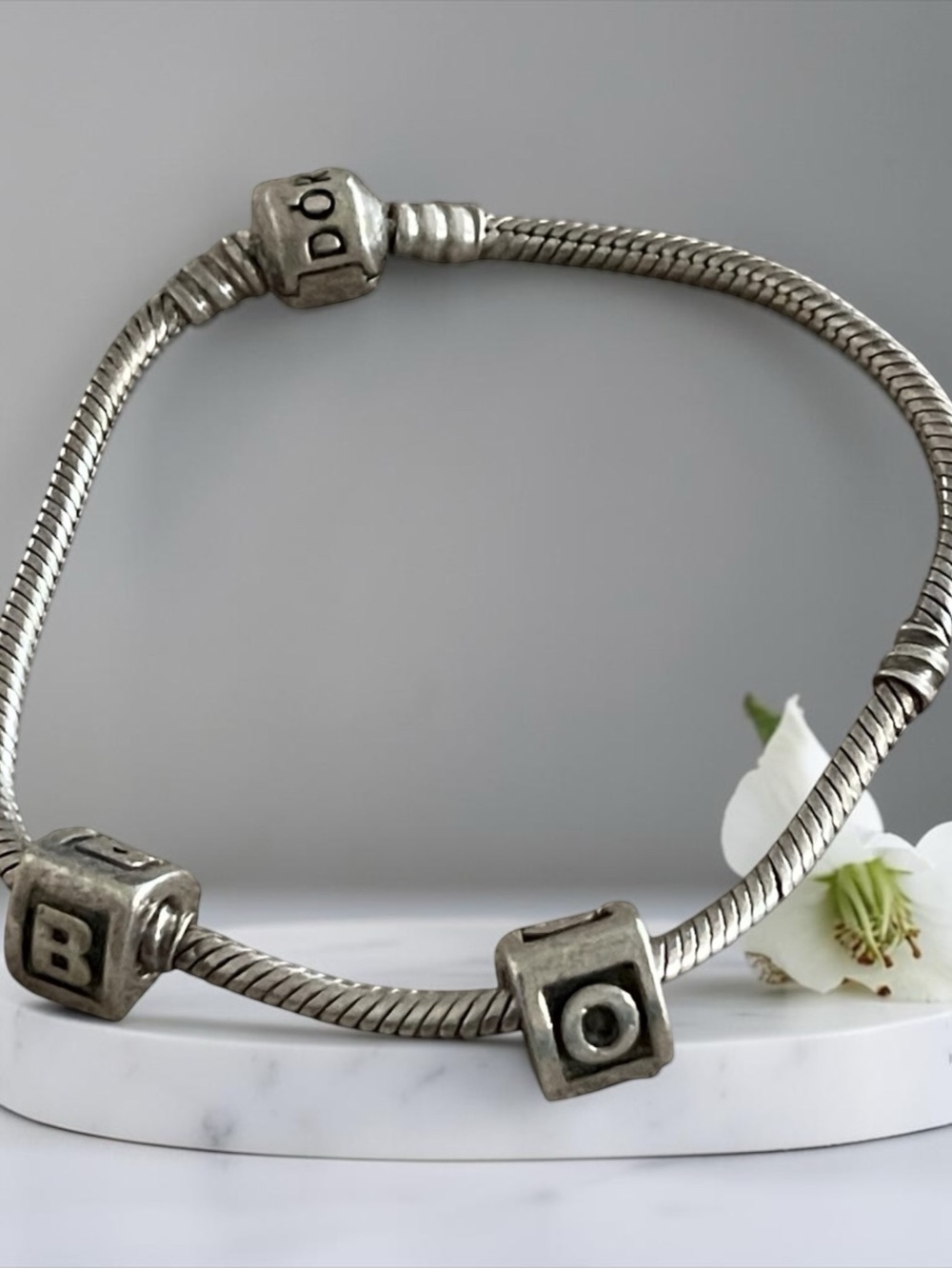 Pandora Silver Letter Cube Snake Chain Bracelet